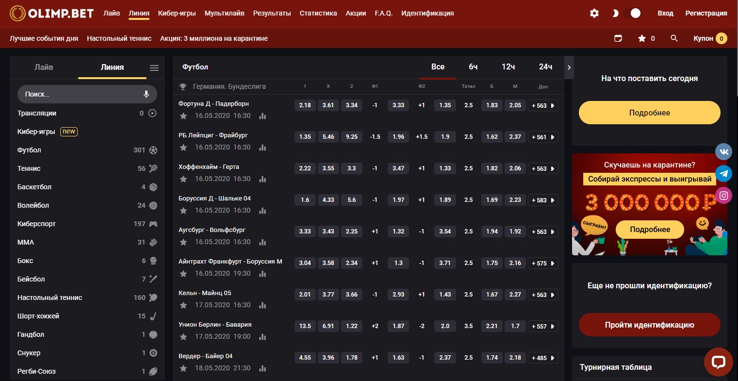 Линия и коэффициенты в Олимп Бет